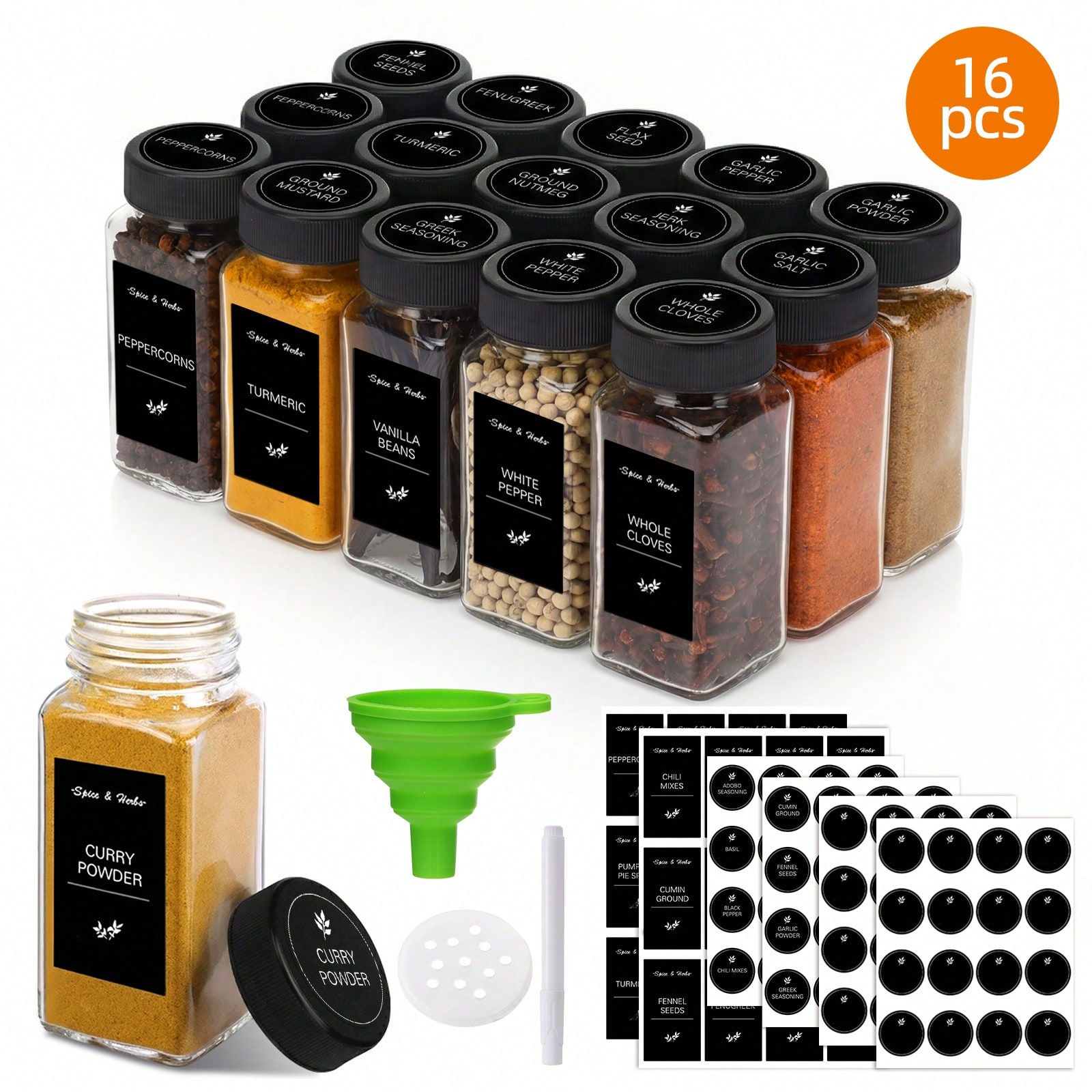 Spice Jar Labels - 16/24‑Pack 4oz Square Glass Spice Jars